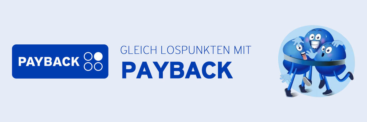 Payback-Logo mit dem Schriftzug „Gleich lospunkten mit Payback“ und drei blauen Figuren.