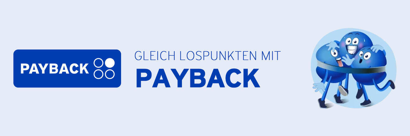 Payback-Logo mit dem Schriftzug „Gleich lospunkten mit Payback“ und drei blauen Figuren.
