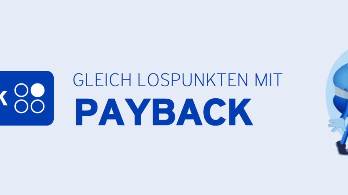 Payback-Logo mit dem Schriftzug „Gleich lospunkten mit Payback“ und drei blauen Figuren.