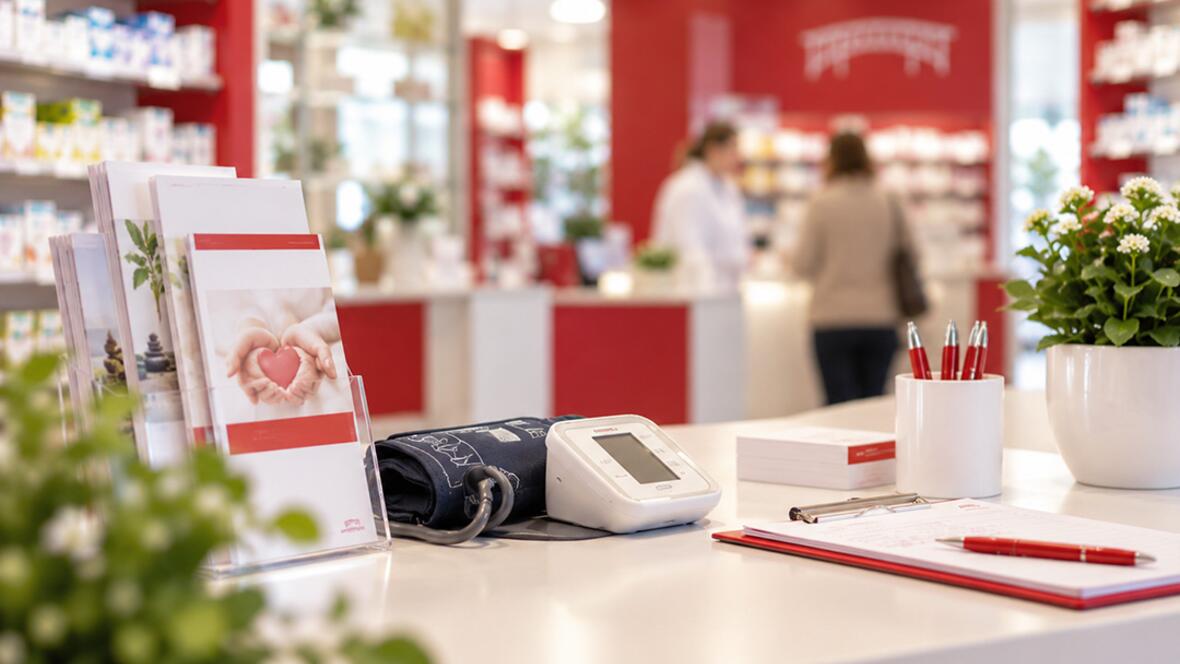 Apotheken-Theke mit Informationsbroschüren, Blutdruckmessgerät und Pflanzen im Hintergrund.